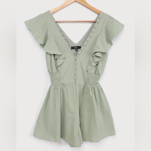 Sage Green Ruffled Button-Front Romper - Picture 3 of 15